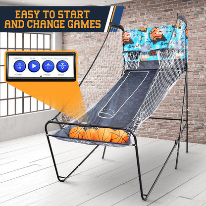 Dual Hoop Basketball Game - LED Scoreboard, Foldable, 5 Balls Included