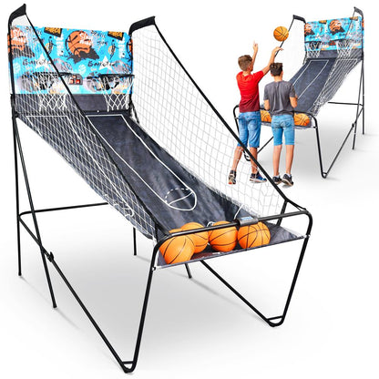 Dual Hoop Basketball Game - LED Scoreboard, Foldable, 5 Balls Included