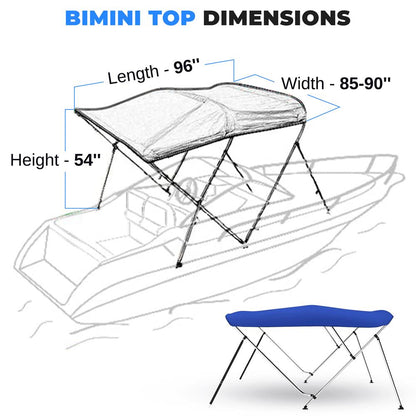 3 Bow Bimini Top Boat Cover, Waterproof 600D Canvas, Easy Install, Blue