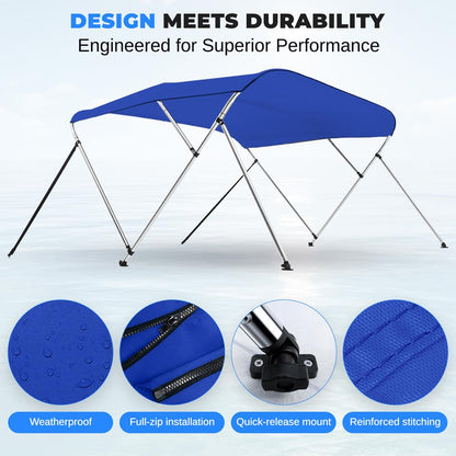 3 Bow Bimini Top Boat Cover, Waterproof 600D Canvas, Easy Install, Blue