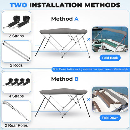 Waterproof Boat Bimini Top - Sun Shade, 600D Canvas, Aluminum Frame, Gray