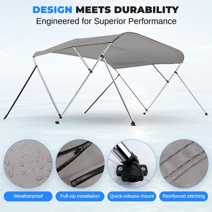 Waterproof Boat Bimini Top - Sun Shade, 600D Canvas, Aluminum Frame, Gray