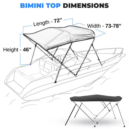 3 Bow Bimini Top Boat Cover, Waterproof Aluminum Frame, Gray