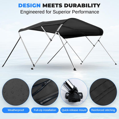 3 Bow Bimini Top Boat Cover, Waterproof Aluminum Frame, Gray
