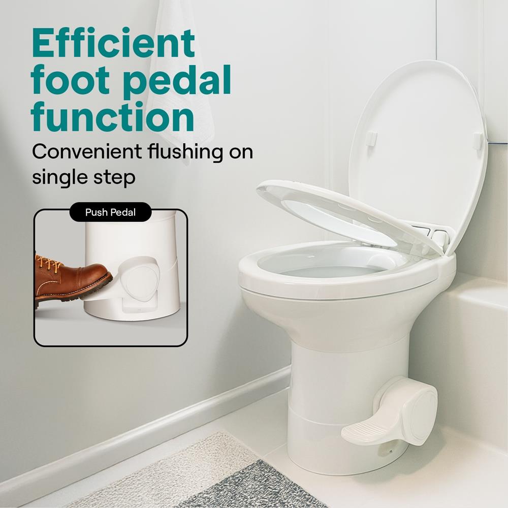 foot pedal toilet flush SereneLife RV Plastic Bowl Gravity Flush Toilet with Hose Connector, Hand Sprayer, And Installation Kits