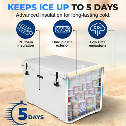 50 Qt Cooler Box, 5-Day Ice Retention, Heavy-Duty Insulation, White