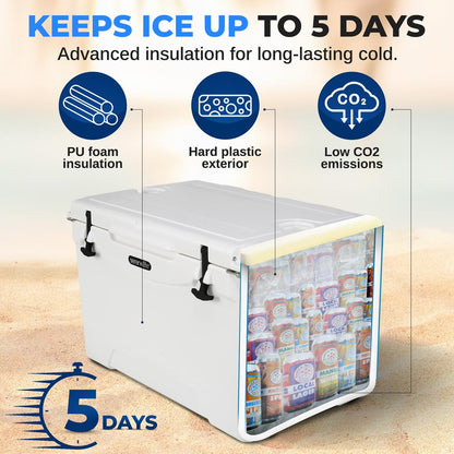 75-Quart Portable Cooler Box, 5-Day Ice Retention, Heavy-Duty, White