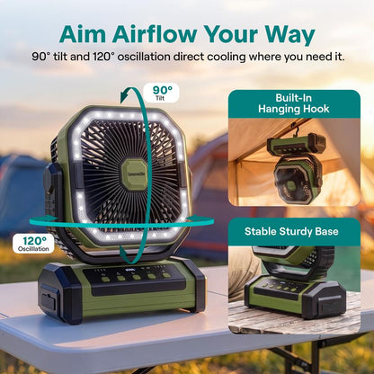 Serenelife Rechargeable Desk Camping Fan With 4 Speeds, 90°/120° Rotation, 10,000 Mah Battery – Ideal For Outdoor Use (Green)
