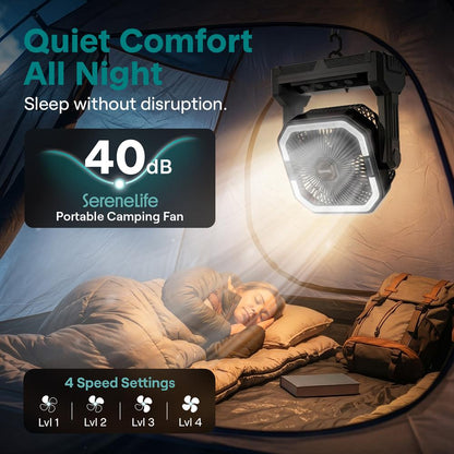 Serenelife Portable Camping Fan With 10,000Mah Battery, Adjustable Height, 4 Speeds, Led Light & Usb-C Rechargeable Design – Ideal For Outdoor Use (Black)