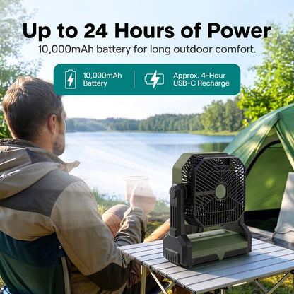 Serenelife Portable Camping Fan With 10,000Mah Battery, Adjustable Height, 4 Speeds, Led Light & Usb-C Rechargeable Design – Ideal For Outdoor Use (Green)