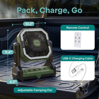 Serenelife Portable Camping Fan With 10,000Mah Battery, Adjustable Height, 4 Speeds, Led Light & Usb-C Rechargeable Design – Ideal For Outdoor Use (Green)