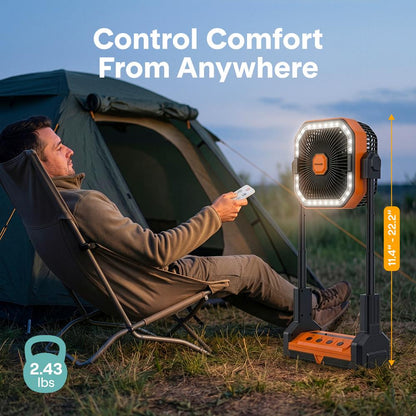 Serenelife Portable Camping Fan With 10,000Mah Battery, Adjustable Height, 4 Speeds, Led Light & Usb-C Rechargeable Design – Ideal For Outdoor Use (Orange)
