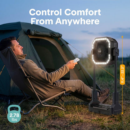 Serenelife Portable Camping Fan With  20,000Mah Battery, Adjustable Height, 4 Speeds, Led Light & Usb-C Rechargeable Design – Ideal For Outdoor Use (Black)