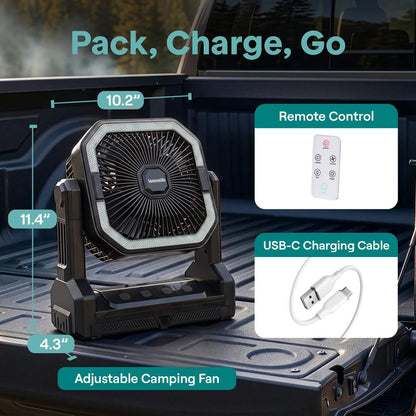 Serenelife Portable Camping Fan With  20,000Mah Battery, Adjustable Height, 4 Speeds, Led Light & Usb-C Rechargeable Design – Ideal For Outdoor Use (Black)