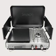 Serenelife Propane Stove With Griddle - Black Ceramic Aluminum Griddle And Cooking Burner-In-One With Piezo Ignition, Powder-Coated Lid, Windshield, And Case For Outdoor Cooking And Backyard Use, Includes Regulator And Gas Tube (Silver And Black)