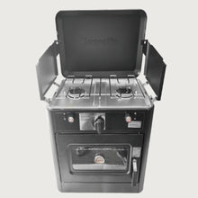 Serenelife Double Burner With Oven - Double Cooking Burner And Oven-In-One With Electroplated Metal Pot Support, Piezo Ignition, Powder-Coated Body For Outdoor Cooking And Backyard Use, Includes Local Regulator And Gas Hose (Black)