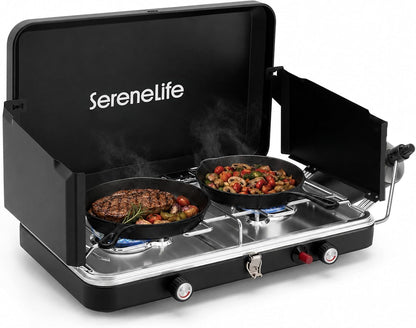 Serenelife Double Burner Stove With Electroplated Metal Pot Support, Piezo Ignition, And Powder-Coated Lid, Windshield, And Case For Outdoor Cooking And Backyard Use, Includes Regulator And Gas Tube (Black)