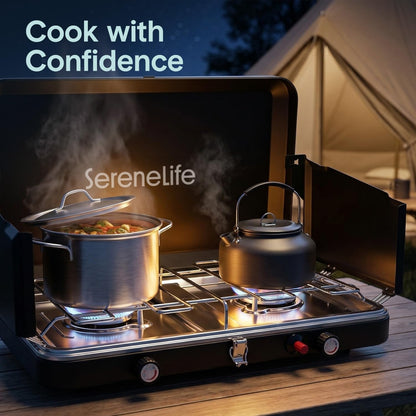 Serenelife Double Burner Stove With Electroplated Metal Pot Support, Piezo Ignition, And Powder-Coated Lid, Windshield, And Case For Outdoor Cooking And Backyard Use, Includes Regulator And Gas Tube (Black)