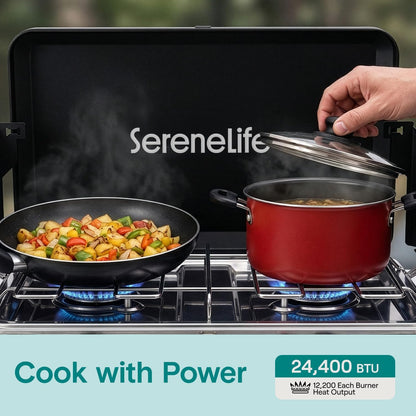 Serenelife Double Burner Stove With Electroplated Metal Pot Support, Piezo Ignition, And Powder-Coated Lid, Windshield, And Case For Outdoor Cooking And Backyard Use, Includes Regulator And Gas Tube (Black)