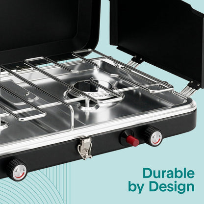 Serenelife Double Burner Stove With Electroplated Metal Pot Support, Piezo Ignition, And Powder-Coated Lid, Windshield, And Case For Outdoor Cooking And Backyard Use, Includes Regulator And Gas Tube (Black)
