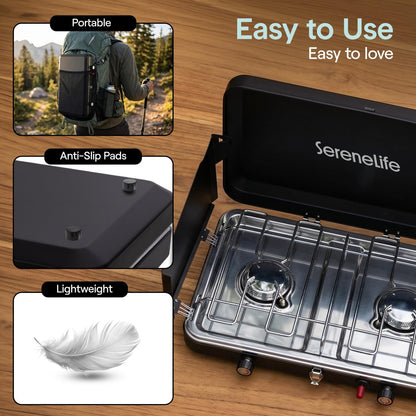 Serenelife Double Burner Stove With Electroplated Metal Pot Support, Piezo Ignition, And Powder-Coated Lid, Windshield, And Case For Outdoor Cooking And Backyard Use, Includes Regulator And Gas Tube (Black)
