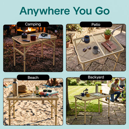 Serenelife Foldable Camping Table - 2Ft Small-Sized Height Adjustable Portable Outdoor Table With Easy Fold Design, Space-Saving Storage, Weather-Resistant Surface For Camping, Fishing, Picnics & Outdoor Adventures (Beige)