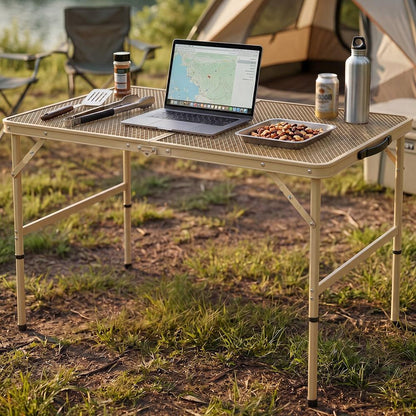 Serenelife Foldable Camping Table - 3Ft Medium-Sized Height Adjustable Portable Outdoor Table With Easy Fold Design, Space-Saving Storage, Weather-Resistant Surface For Camping, Fishing, Picnics & Outdoor Adventures (Beige)