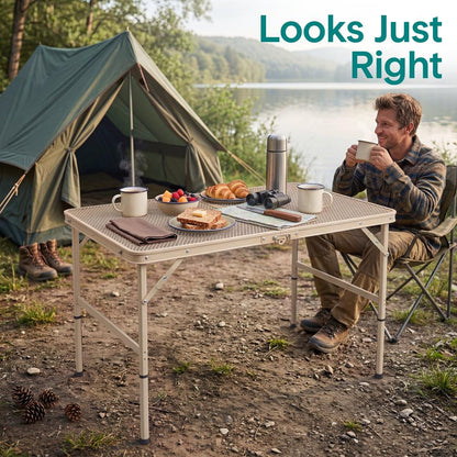 Serenelife Foldable Camping Table - 3Ft Medium-Sized Height Adjustable Portable Outdoor Table With Easy Fold Design, Space-Saving Storage, Weather-Resistant Surface For Camping, Fishing, Picnics & Outdoor Adventures (Beige)