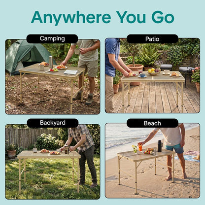 Serenelife Foldable Camping Table - 3Ft Medium-Sized Height Adjustable Portable Outdoor Table With Easy Fold Design, Space-Saving Storage, Weather-Resistant Surface For Camping, Fishing, Picnics & Outdoor Adventures (Beige)