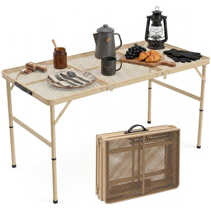 Serenelife Foldable Camping Table - 4Ft Large-Sized Height Adjustable Portable Outdoor Table With Easy Fold Design, Space-Saving Storage, Weather-Resistant Surface For Camping, Fishing, Picnics & Outdoor Adventures (Beige)