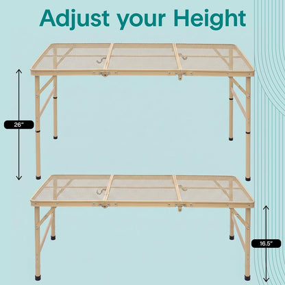 Serenelife Foldable Camping Table - 4Ft Large-Sized Height Adjustable Portable Outdoor Table With Easy Fold Design, Space-Saving Storage, Weather-Resistant Surface For Camping, Fishing, Picnics & Outdoor Adventures (Beige)