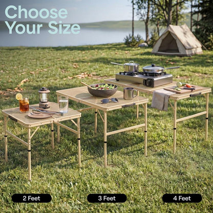 Serenelife Foldable Camping Table - 4Ft Large-Sized Height Adjustable Portable Outdoor Table With Easy Fold Design, Space-Saving Storage, Weather-Resistant Surface For Camping, Fishing, Picnics & Outdoor Adventures (Beige)