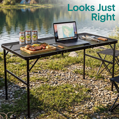Serenelife Foldable Camping Table - 4Ft Large-Sized Height Adjustable Portable Outdoor Table With Easy Fold Design, Space-Saving Storage, Weather-Resistant Surface For Camping, Fishing, Picnics & Outdoor Adventures (Black)