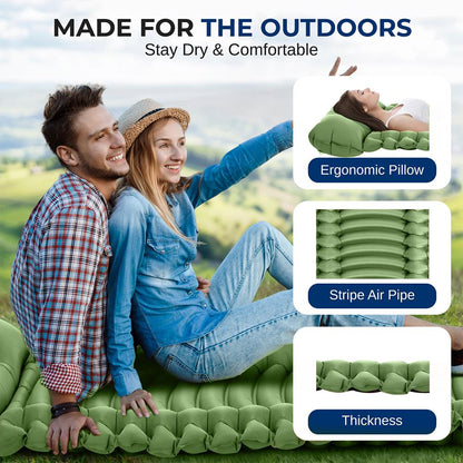 Sleeping Pad with Pillow - Fast Inflation, Tear-Resistant, Green