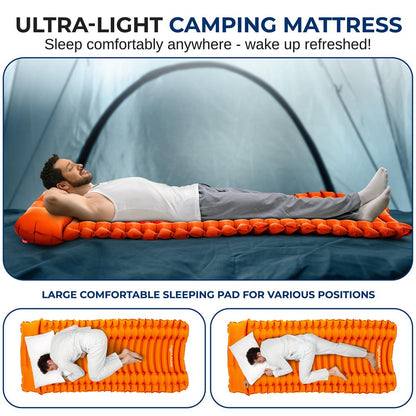 Ultralight Sleeping Pad + Carrying Bag - Lightweight & Compact Sleeping Mat For Backpacking, Hiking Air Mattress (Orange)