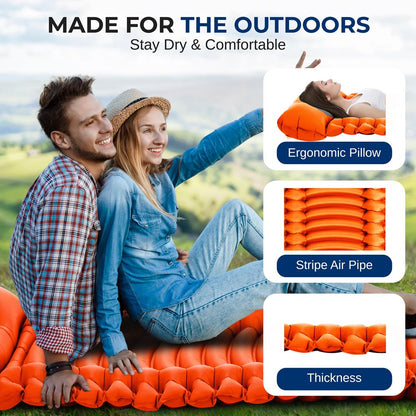 Ultralight Sleeping Pad + Carrying Bag - Lightweight & Compact Sleeping Mat For Backpacking, Hiking Air Mattress (Orange)