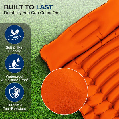 Ultralight Sleeping Pad + Carrying Bag - Lightweight & Compact Sleeping Mat For Backpacking, Hiking Air Mattress (Orange)