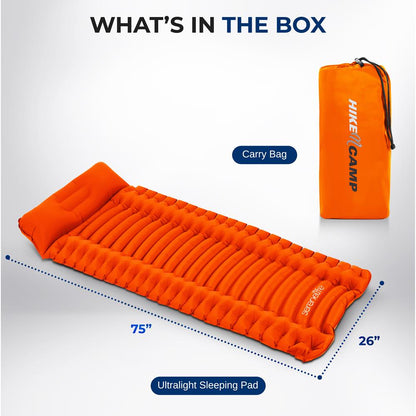 Ultralight Sleeping Pad + Carrying Bag - Lightweight & Compact Sleeping Mat For Backpacking, Hiking Air Mattress (Orange)