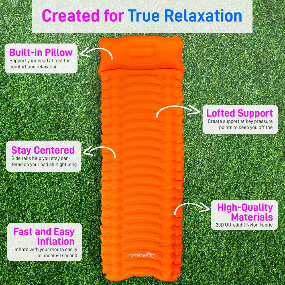 Sleeping Pad with Pillow - Fast Inflation, Tear-Resistant, Orange - Thumbnail 2