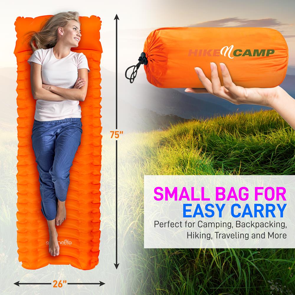 Sleeping Pad with Pillow - Fast Inflation, Tear-Resistant, Orange - Thumbnail 5