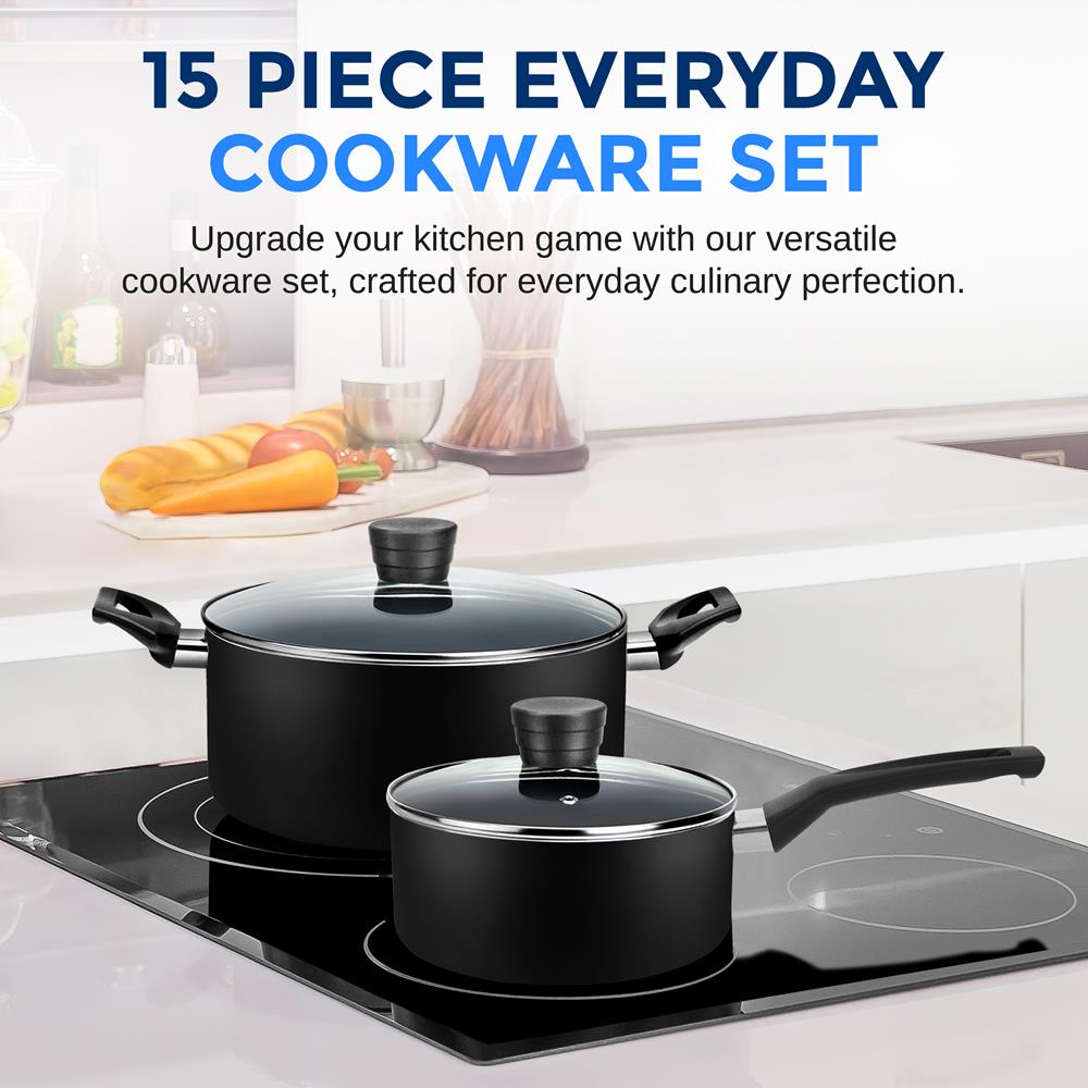 15-Piece Non-Stick Cookware Set, Even Heat, Black Coating – Pyle USA