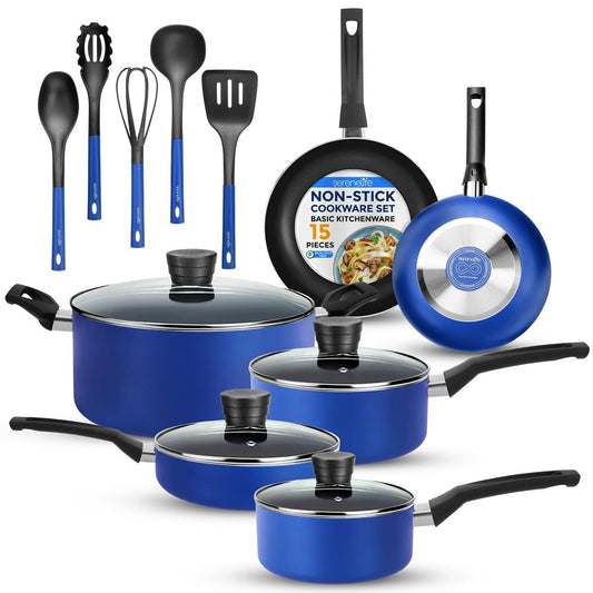 15-Pc Cookware Set - Even Heat Non-Stick Coating - Blue