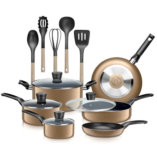 15-Piece Non-Stick Cookware Set, Even Heat, Gold