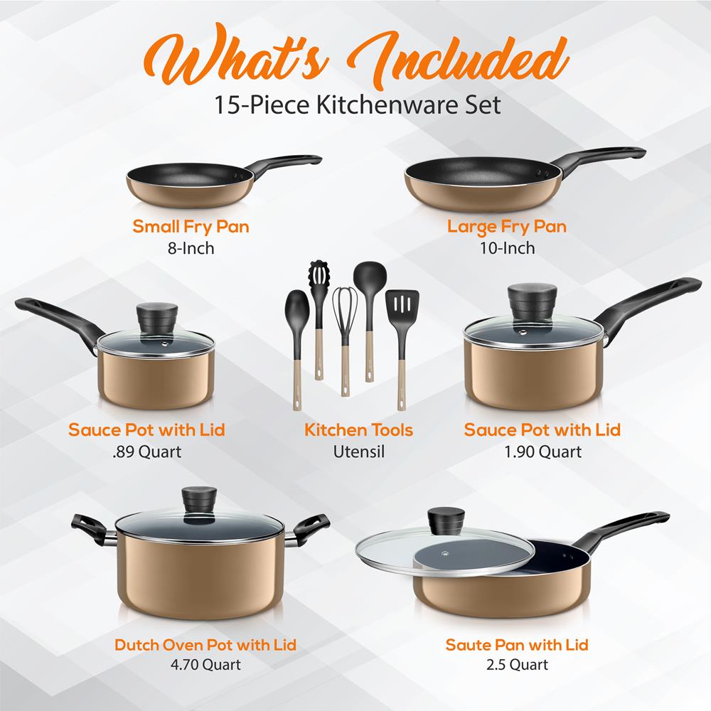 15-Piece Non-Stick Cookware Set, Even Heat, Black Coating