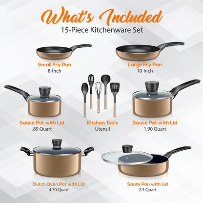 15-Piece Non-Stick Cookware Set, Even Heat, Gold