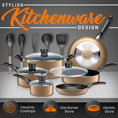 15-Piece Non-Stick Cookware Set, Even Heat, Gold