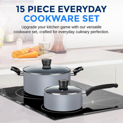 15-Piece Non-Stick Cookware Set, Even Heat, Gray