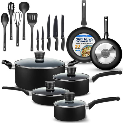 20-Piece Non-Stick Cookware Set, Even Heat, Black Coating