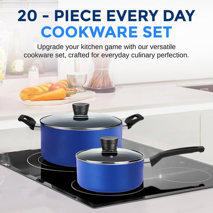 20-Piece Cookware Set, Even Heat, Nonstick Coating, Blue