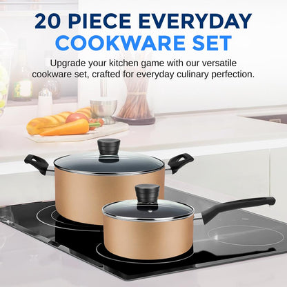 20-Piece Kitchenware Set, Even Heat, Non-Stick Coating, Gold